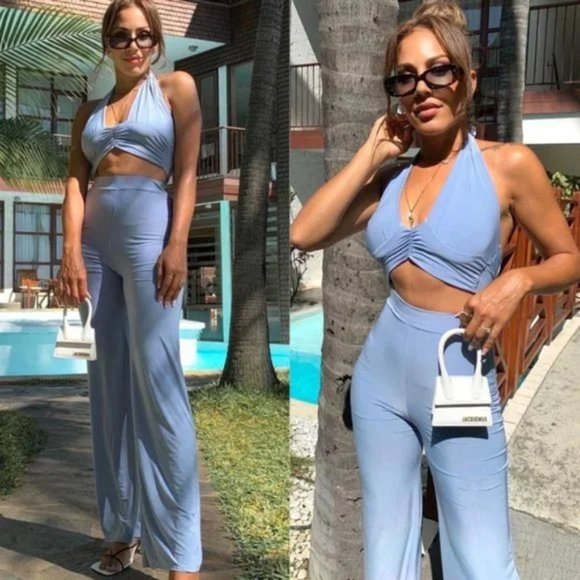 Tops - Blue Sleeveless Halter Neck Crop Top and High Waist Wide Leg Pants Two Piece Set